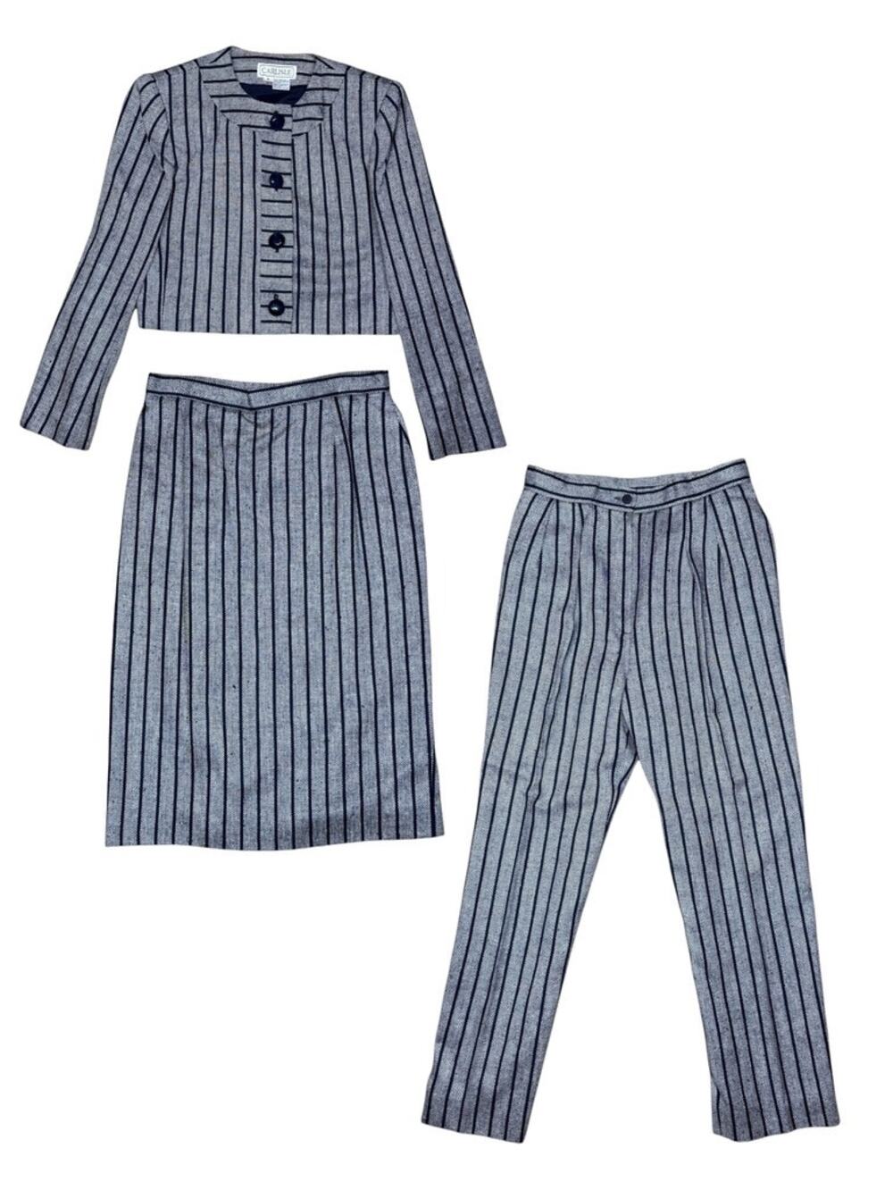 3 Piece Vintage Silk Carlisle Navy Blue Stripe Set Blazer Skirt Trousers Sz 6-8